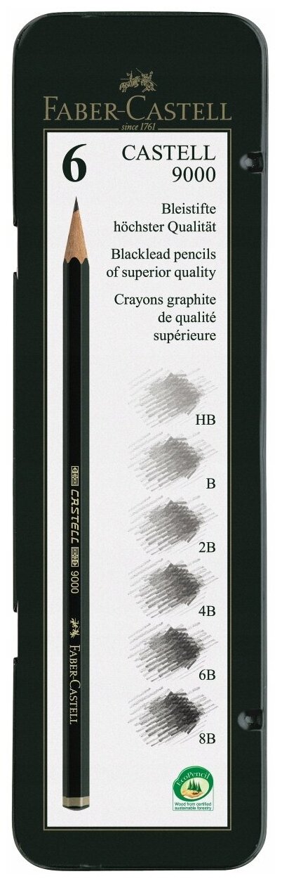 Набор карандашей ч/г Faber-Castell "Castell 9000", 6 штук, HB-8B, заточенные