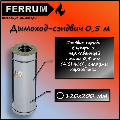 дымоход сэндвич 0 25м ferrum 430 0 5мм оцинковка ф120х200 Дымоход-сэндвич 0,5м (430 0,5мм + нерж.) Ф120х200 Ferrum