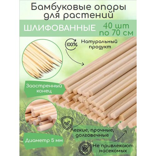 Бамбуковые палки для растений, цветов и рассады, шлифованные опоры 70 см 40 штук, колышки садовые диаметр 5 мм