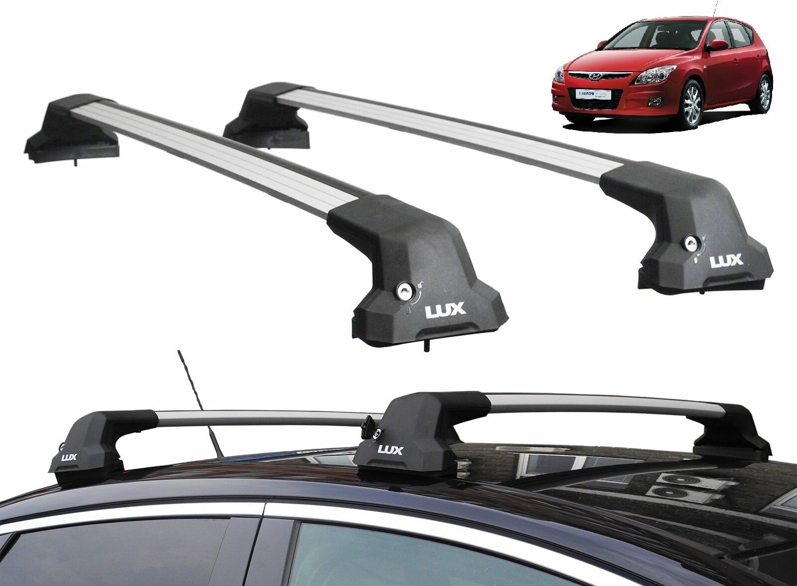 Багажник на крышу Хендай Ай30 хэтчбек 2007-2011 (Hyundai i30 (FD) hatchback 2007-2011) Lux City серебристые дуги