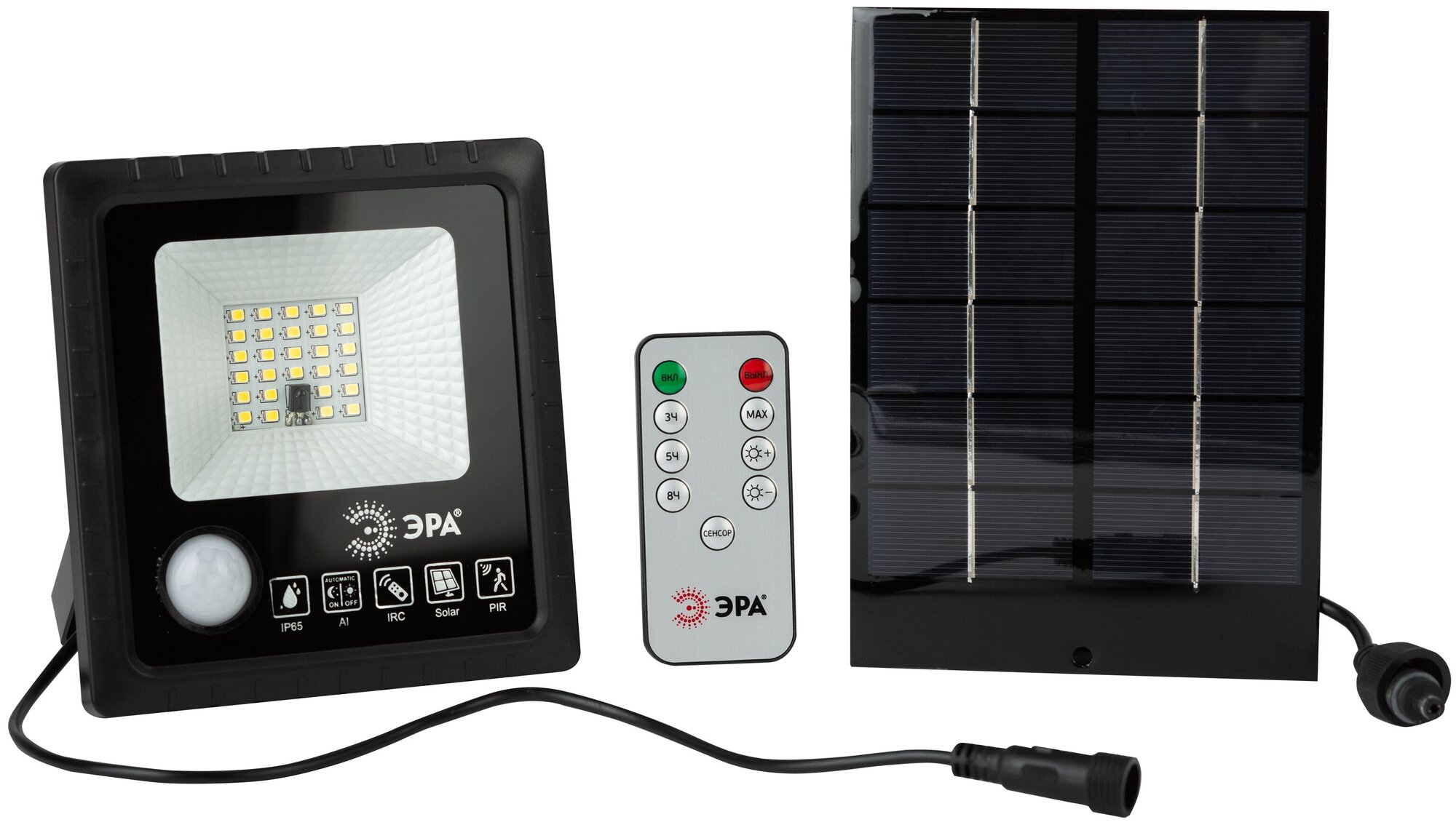 ЭРА Прожектор светодиодный уличный ЭРА на солн. батарее 20W, 350 lm, 5000K, с датчиком движения, ПДУ, IP65, Б0049545