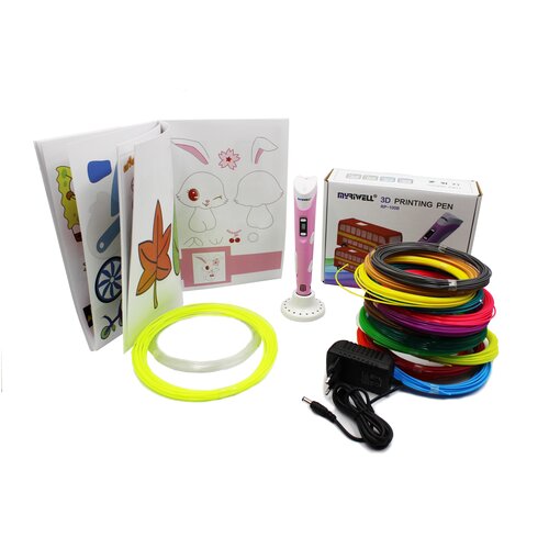 фото 3d ручка myriwell rp100b + 220 м пластика (20 цветов, светящийся, хрустальный) + книжка с трафаретами (40 штук) + термоковрик + подставка. цвет: розовый