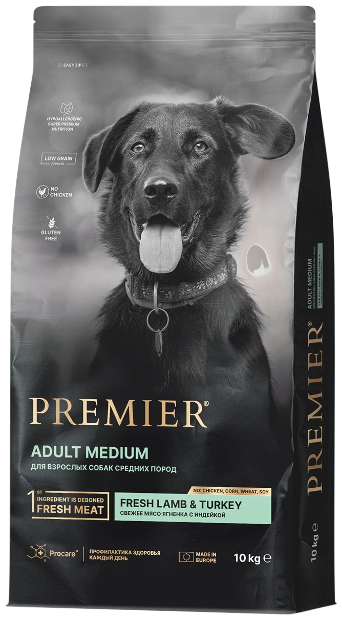 Сухой корм для взрослых собак Premier при чувствительном пищеварении, ягненок с индейкой 1 уп. х 1 шт. х 10 кг (для средних пород)