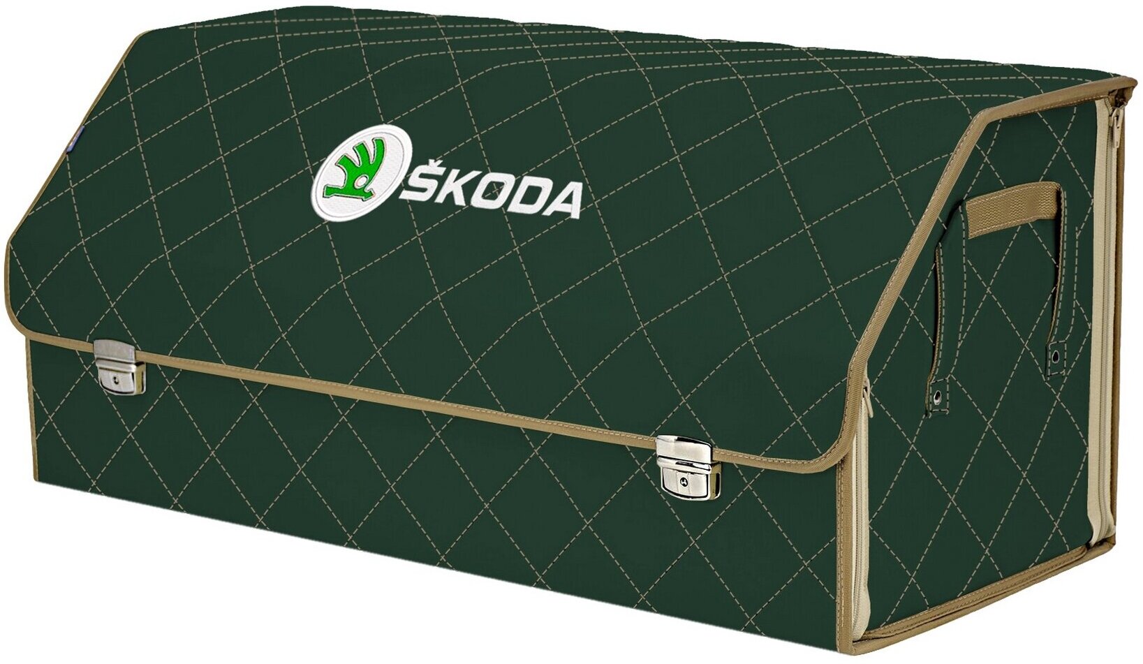 Органайзер-саквояж в багажник "Союз Премиум" (размер XXL). Цвет: зеленый с бежевой прострочкой Ромб и вышивкой Skoda (Шкода).