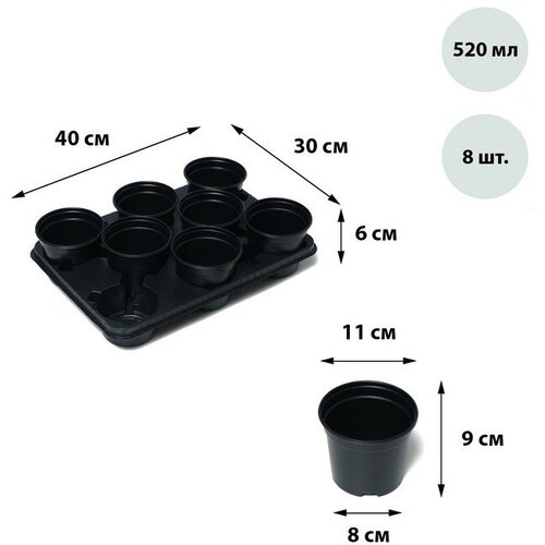 Набор для рассады: стаканы по 520 мл (8 шт), поддон 40 x 30 см, чeрный,