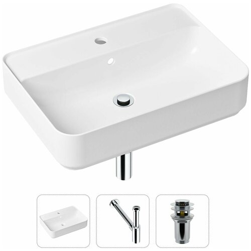 Накладная раковина в ванную Lavinia Boho Bathroom Sink Slim 21520331 в комплекте 3 в 1: умывальник белый, донный клапан и сифон в цвете матовый черный