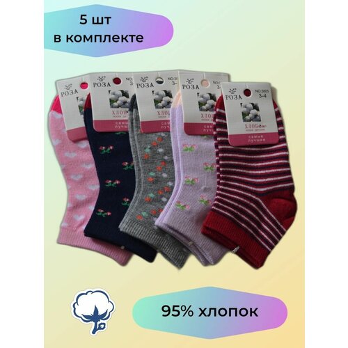 Носки РОЗА, 5 пар, размер 3 - 4, розовый, бордовый