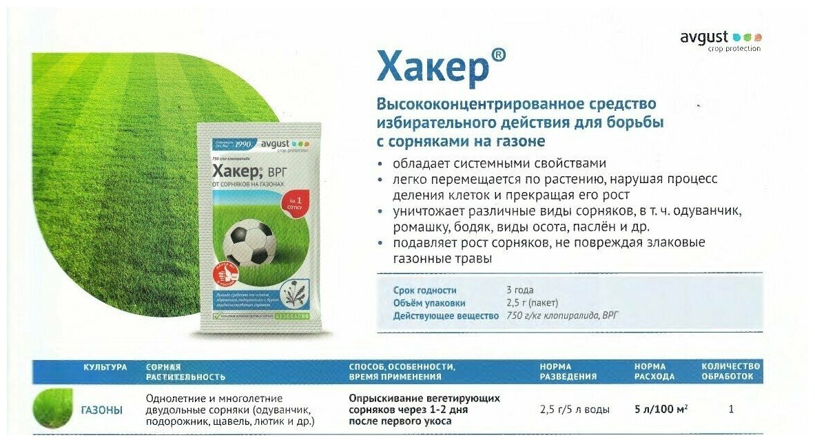 Средство от сорняков на газоне 2,5 г, Хакер ВРГ от сорняков на газоне (Avgust)