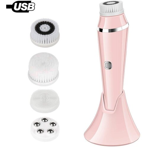 Массажная электрическая щетка для лица с 4 насадками Rlaxyoo розовый цвет очищение массаж 170000₽