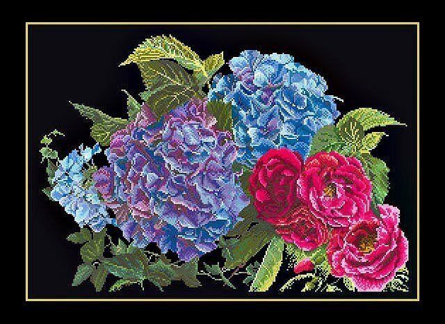 Гортензия и роза (Hydrangea & Rose) (канва черная) 442.05