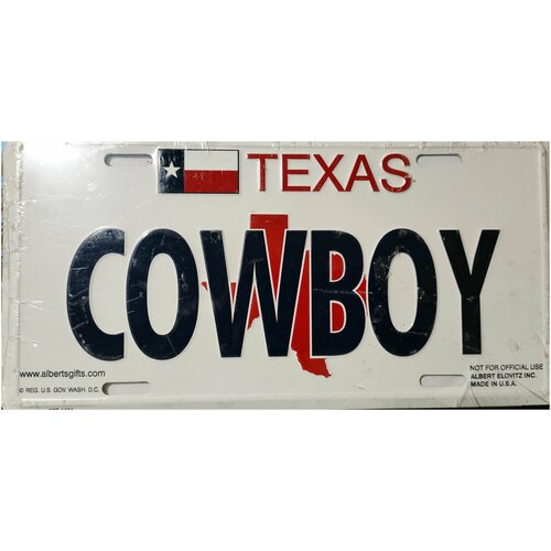 Сувенирный автомобильный номер Texac COWBOY, USA, алюминий, 15х30 см.