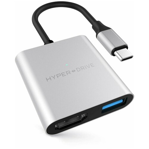 USB-хаб Hyper HyperDrive 4K HDMI 3-in-1 Hub для Macbook и других устройств с портом Type-C. Порты: 4K/30Hz HDMI, USB-C Power Delivery, USB-A. Цвет серебряный. Hyper HyperDrive 4K HDMI 3-in-1 USB-C Hub for MacBook & USB-C devices - Silver