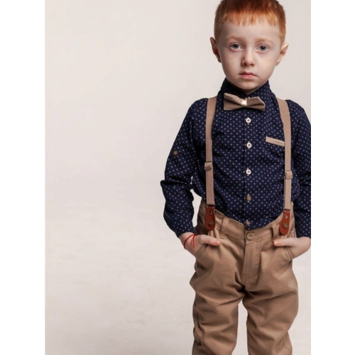 Комплект одежды   для мальчиков, рубашка и брюки и бабочка и галстук, нарядный стиль, размер 116, бежевый, синий