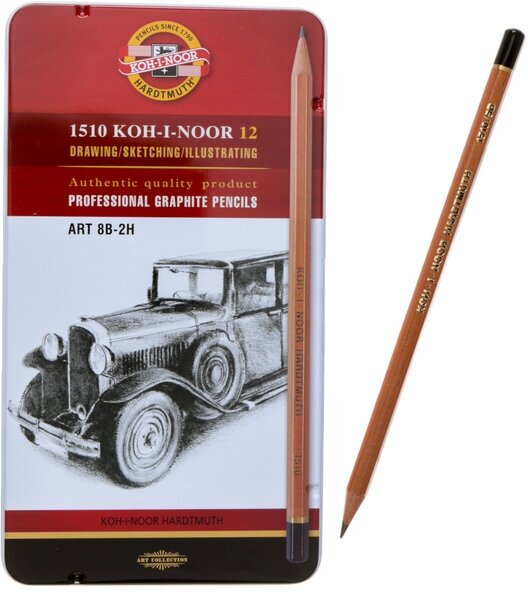 Набор карандашей чернографитных разной твердости 12 штук Koh-i-Noor 1512N ART, 8B-2H, в металлическом пенале