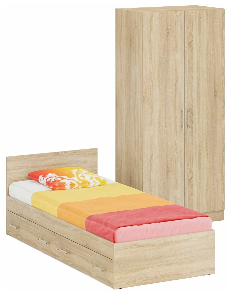 Кровать односпальная с ящиками 900 со шкафом для одежды 2-х створчатым Стандарт, цвет дуб сонома, спальное место 900х2000 мм, без матраса, основание