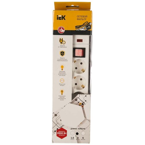 Сетевой фильтр IEK WFP10-16-05-03-N, 5 розеток, с/з, 16А / 2200 Вт 5 3 м 1 кв. мм 70 мм 50 мм белый