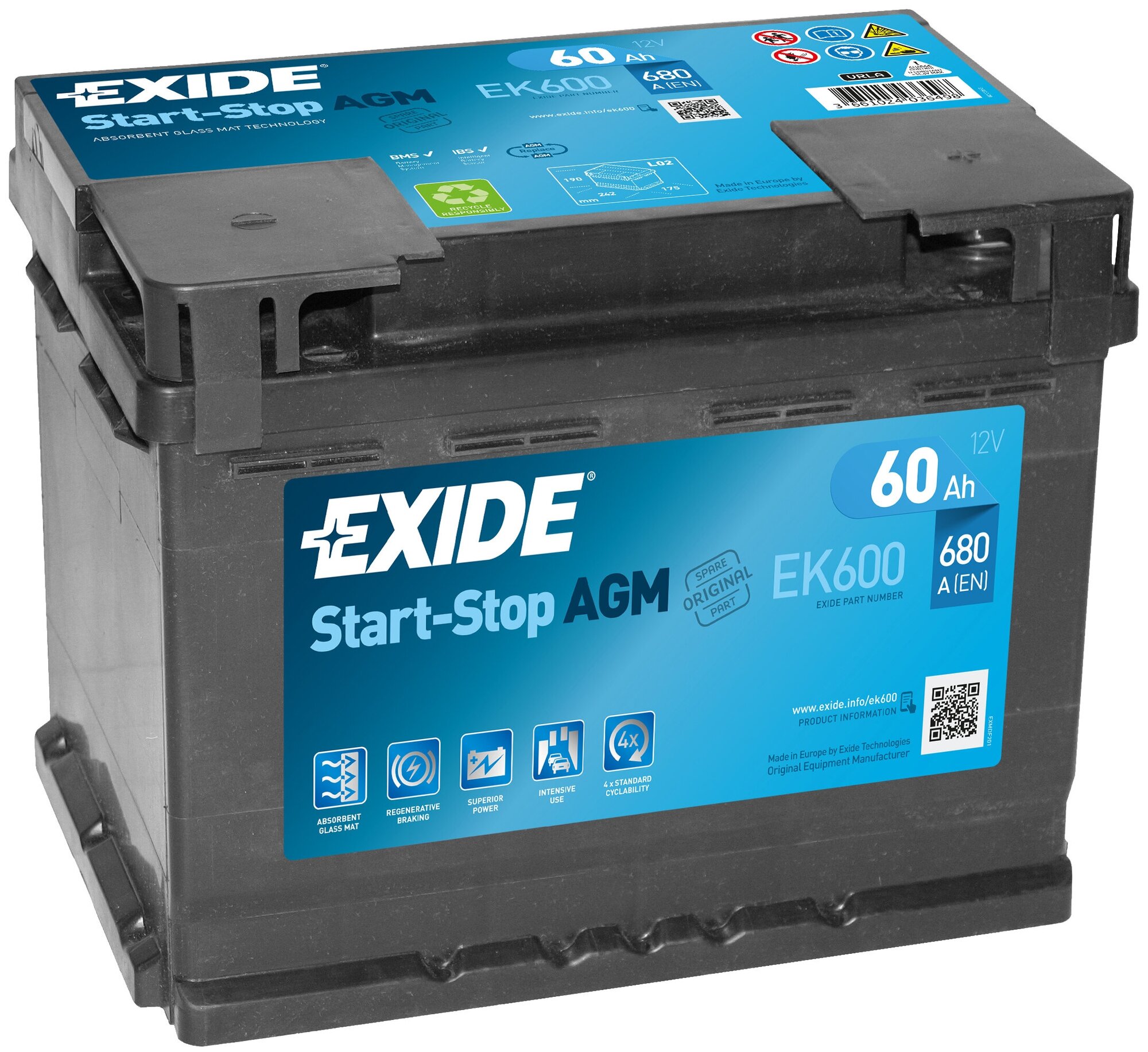 Аккумулятор для спецтехники Exide Start-Stop AGM EK600 242х175х190