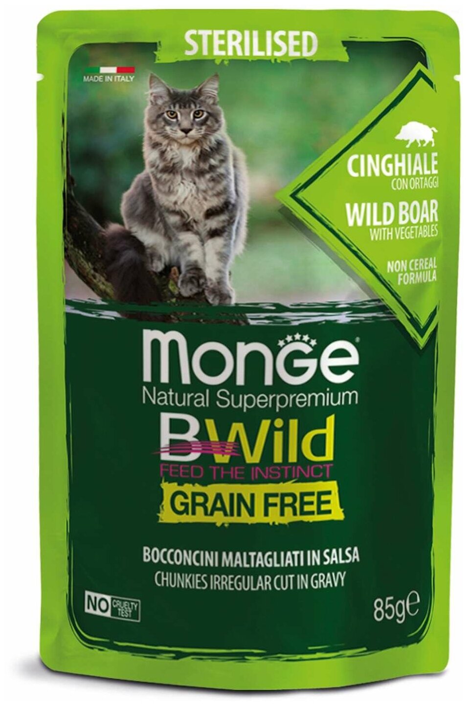 Влажный корм Monge Cat BWild GRAIN FREE для стерилизованных кошек, беззерновой, из мяса дикого кабана с овощами, паучи 85 г - фотография № 1