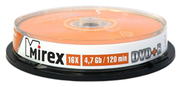 Диск DVD+R Mirex 4,7GB, 16x, комплект 10шт, Cake Box (UL130013A1L)