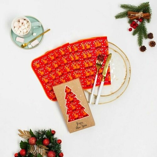 Набор салфеток Рождественские олени, размер 20x20см, 6 шт, велюр 380 г/м2, 100 хлопок