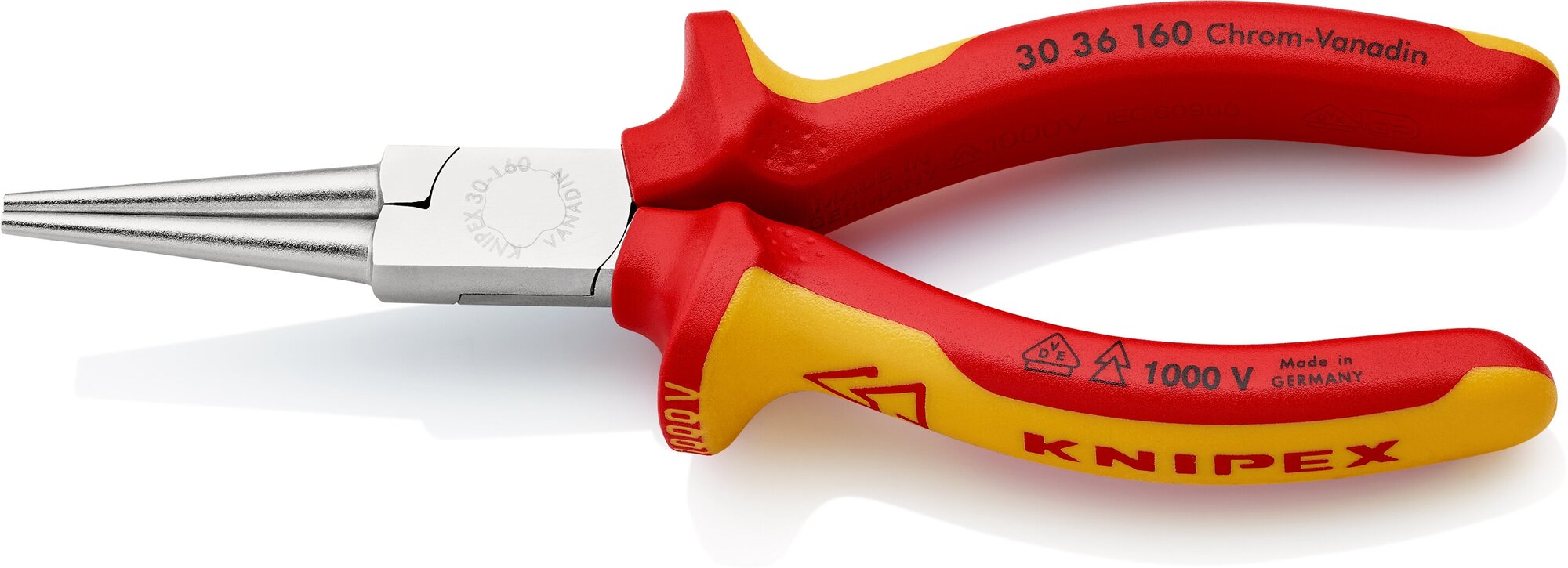 Круглогубцы KNIPEX VDE, губки без насечек 41 мм, длина 160 мм, хром, 2-комп ручки KN-3036160