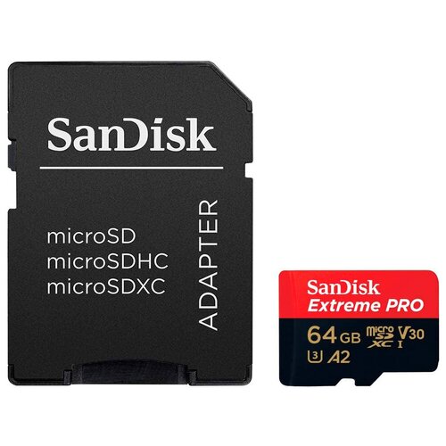 Карта памяти SanDisk Extreme PRO QuickFlow 200 Мб/с - 64Гб - microSDXC UHS-I U3 A2 V30 4KUHD + Адаптер карта памяти microsdxc transcend 340s 128 гб uhs i class u3 v30 a2 с адаптером