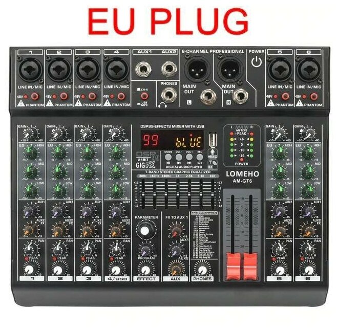 Беспроводной 7-полосный EQ звуковой микшер LOMEHO AM-GT6  6-моно-канальный миксер DJ-консоль с USB 2 AUX выходом