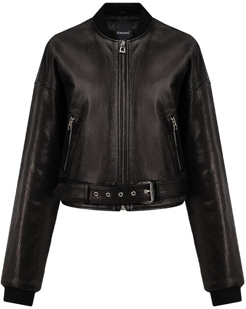 Кожаная куртка  Elegance, средней длины, силуэт прямой, трикотажная, манжеты, размер 38, черный