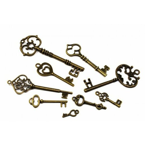 Подвеска Ключи микс 18-82х7-31х1,5-5 мм, отверстие 1-4мм, цвет античная бронза, сплав металлов, 22-239, 10г (около 1-5шт)