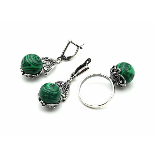 Комплект бижутерии: серьги, кольцо, малахит синтетический, размер кольца 19, зеленый комплект бижутерии кольцо малахит размер кольца 19 зеленый
