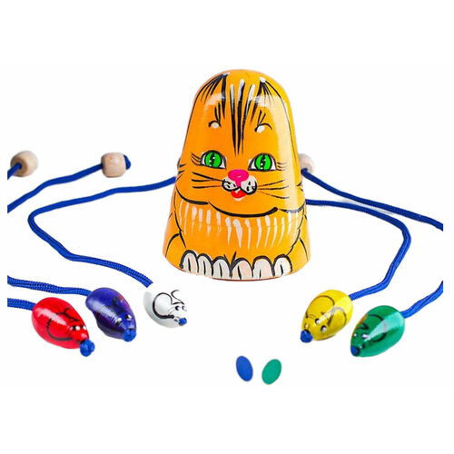 Развивающая деревянная детская игрушка Кошки-мышки рыжая кошка, подвижная игра на развитие реакции и ловкости