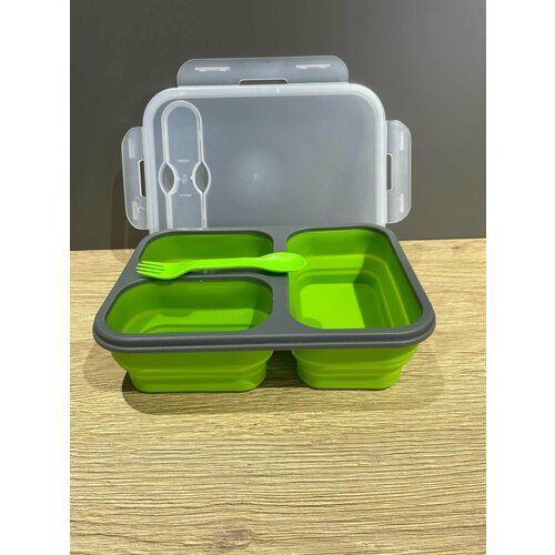 Ланчбокс контейнер 800 мл. для завтраков, хранения продуктов в холодильнике и разогрева в микроволновке, зеленый, 3 секции