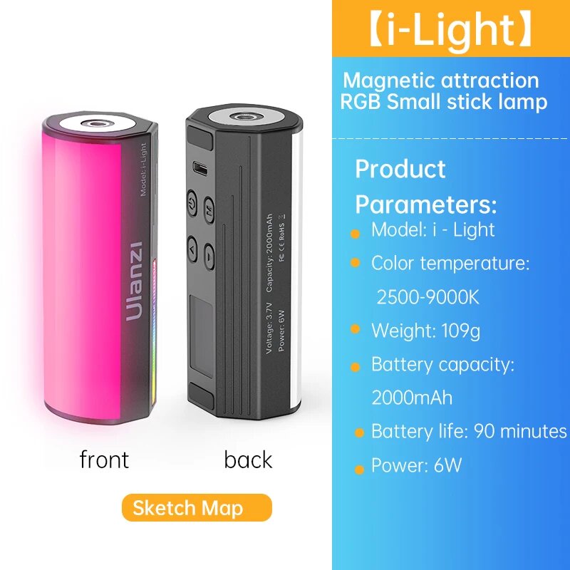 фото Мини-светильник Ulanzi i-Light RGB, ручной светильник, светодиодная палочка 2500-9000K, освещение для фотосъемки, магнитная трубка, светильник для iPhone Video Vlog