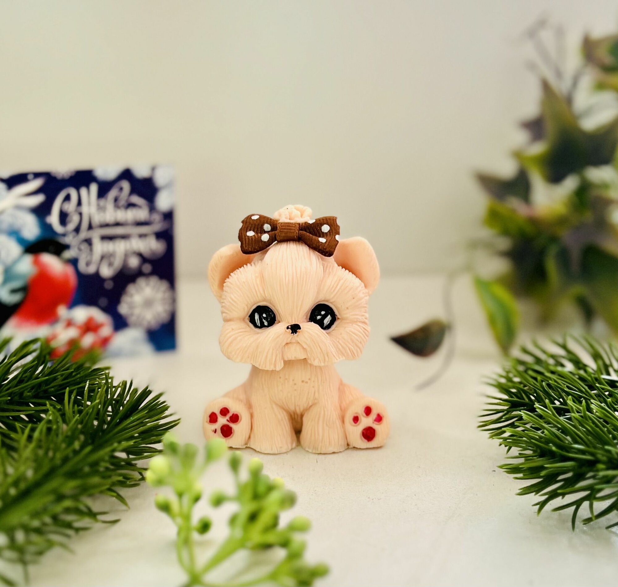 Сувенир из мыла собачка Йорк с бантом