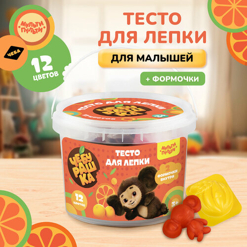 Тесто для лепки Мульти-Пульти Чебурашка 12 цветов30г пластиковое ведро 2 формочки Чебы на корексе 269₽