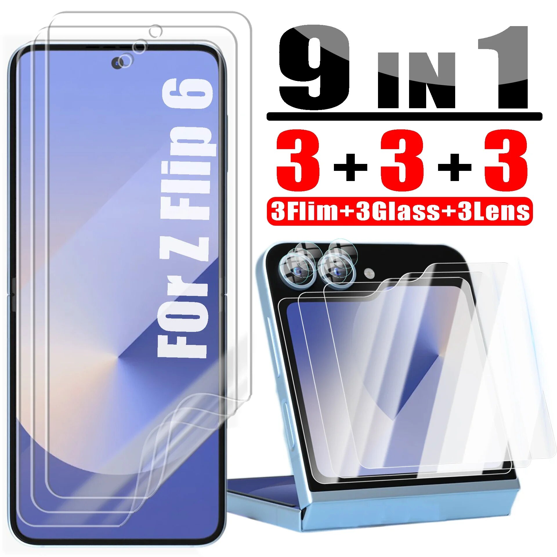 Гидрогелевая пленка для Samsung Galaxy Z Flip 6 с защитой от царапин, защитная пленка из закаленного стекла, защитная пленка для задней панели экрана Z Flip6, 3 in 1 Set, for Z Flip6 — фото 1