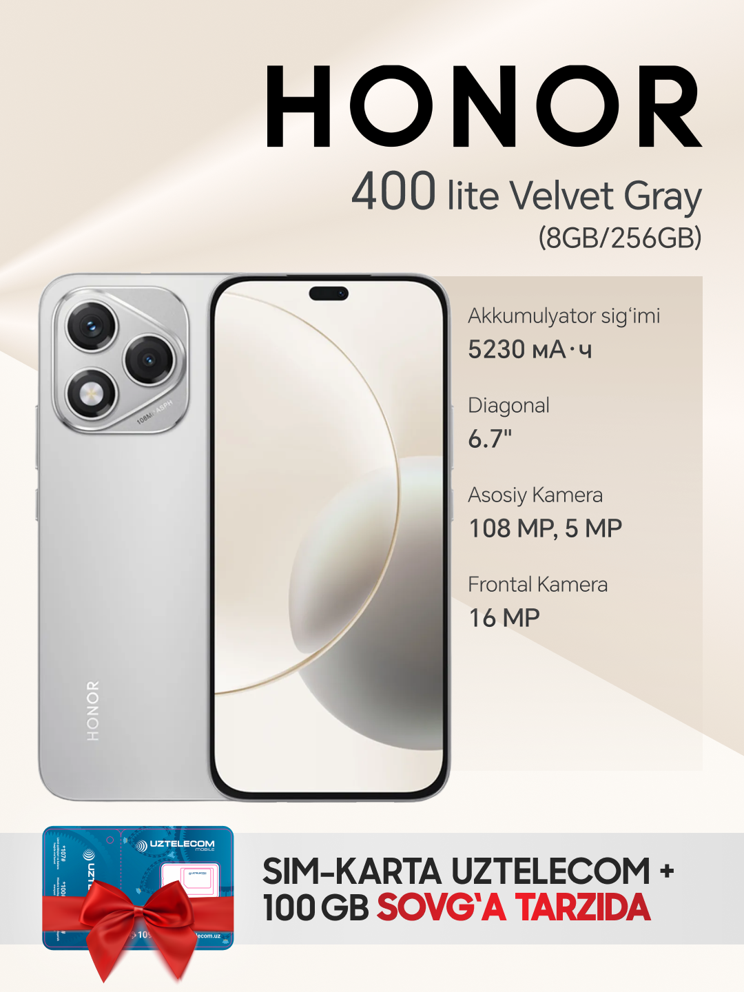 Смартфон Honor 400 Lite, 8GB/256GB, AMOLED 120Hz, IP65, защита от воды и пыли, цвет зеленый