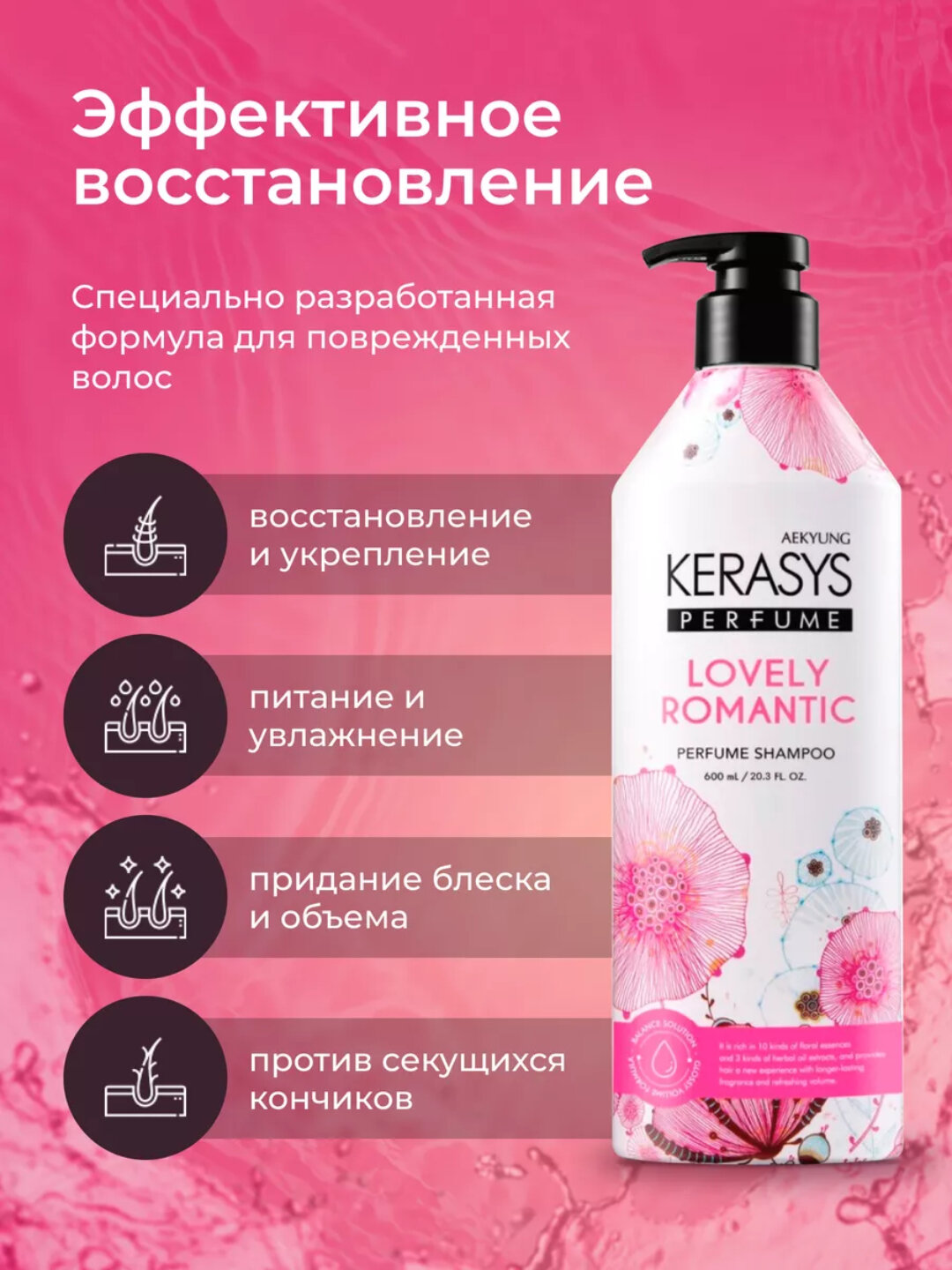 Шампунь для волос Kerasys Blooming & Flowery, перфорированный, 600 мл — фото 1