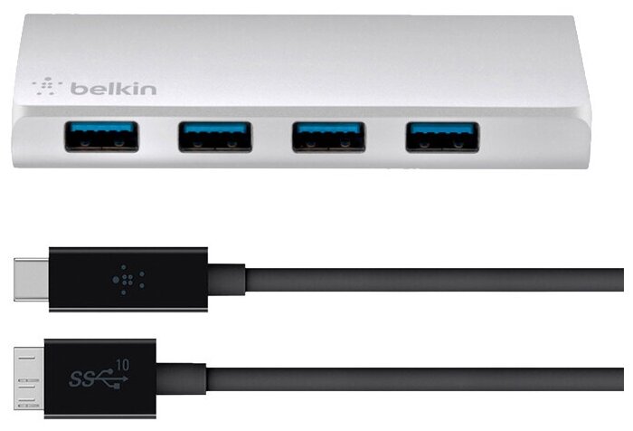 Разветвитель Belkin 4-х портовый USB 3.0 (F4U088vf), серебристый
