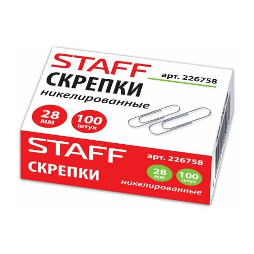 Скрепки Staff (28мм, никелированные) картонная упаковка, 100шт. (226758), 10 уп.