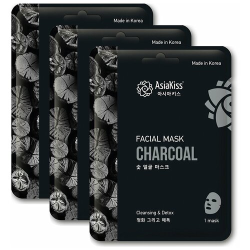 фото Маска для лица с экстрактом древесного угля тканевая, 25г набор-3шт./asiakiss black charcoal essence facial mask