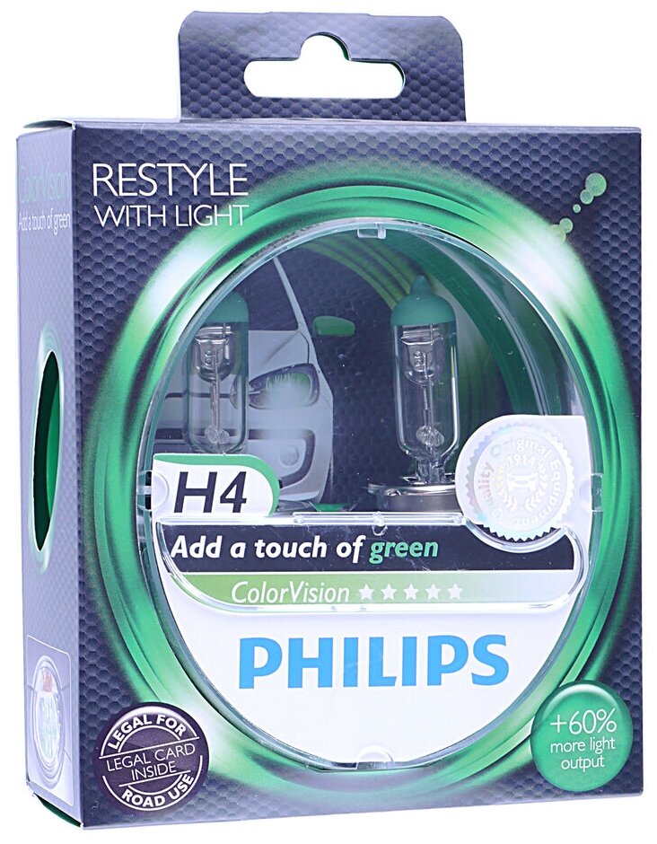Лампа 12V H4 60/55W +60% P43t бокс (2шт.) Green Colorvision PHILIPS 12342CVPGS2