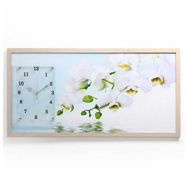 Часы-картина настенные, серия: Цветы, "Водная гладь и белые орхидеи", 50 x 100 см