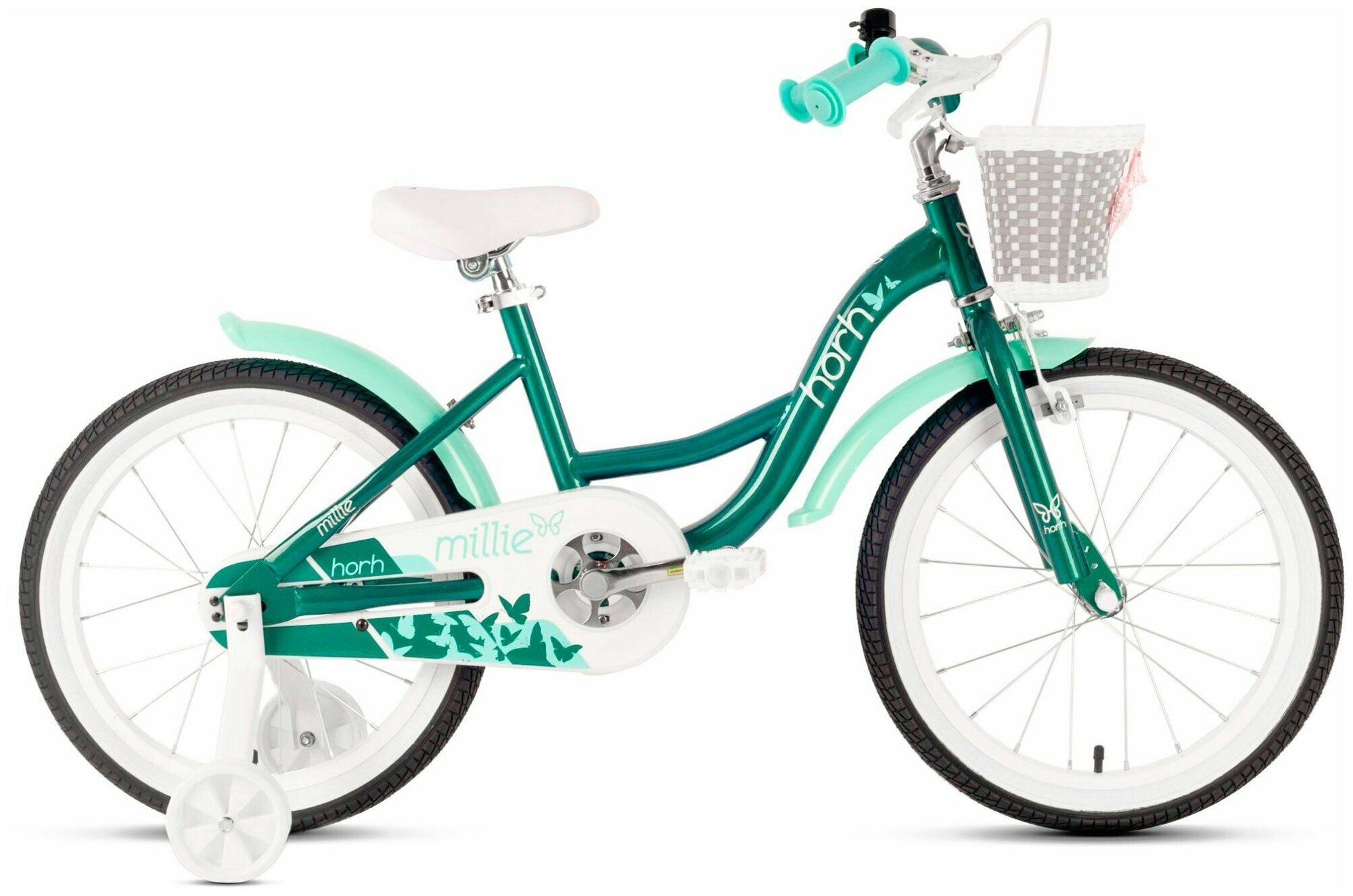Велосипед детский городской HORH MILLIE 18 2022 для детей от 4 лет до 6 лет алюминиевый с защитой цепи, корзиной, звонком, крыльями, 1 ск, ободной и ножной тормоза, темно-зеленый цвет, рост 115-130