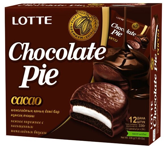 Печенье LOTTE "Choco Pie Cacao" ("Чоко Пай Какао"), глазированное, картонная упаковка, 336 г, 12 шт. х 28 г - фотография № 1