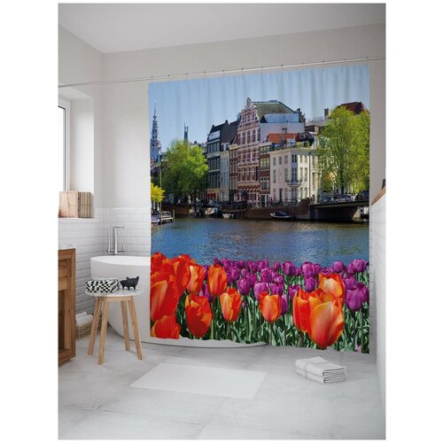 фото Штора для ванной joyarty городской пейзаж с тюльпанами 180х200 (sc-30777)