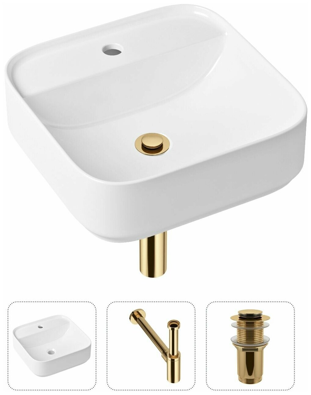 Комплект 3 в 1 Lavinia Boho Bathroom Sink 21520279: накладная фарфоровая раковина 42 см, металлический сифон, донный клапан