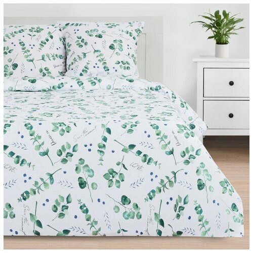 Комплект постельного белья Этель Листья эвкалипта, 2-спальное, поплин, зеленый/белый
