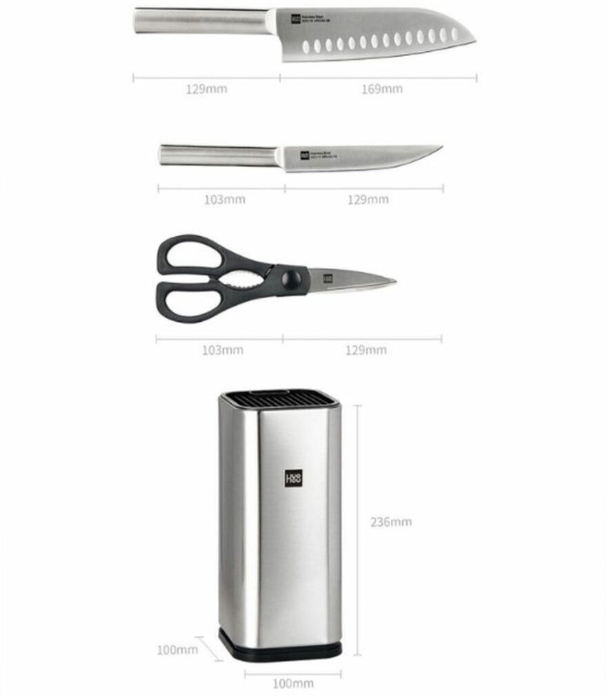 Набор Huo Hou Stainless steel kitchen Knife, 3 ножа, ножницы и подставка - фотография № 12