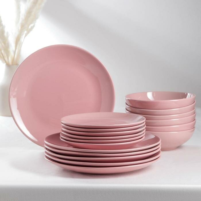 Доляна Набор тарелок керамических Доляна «Пастель», 18 предметов: 6 тарелок d=19 см, 6 тарелок d=27 см, 6 мисок d=19 см, цвет розовый
